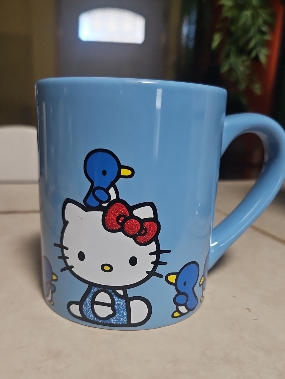 Hello Kitty Coffee Mug Penguin Blue Sparkle Ceramic 14 Oz